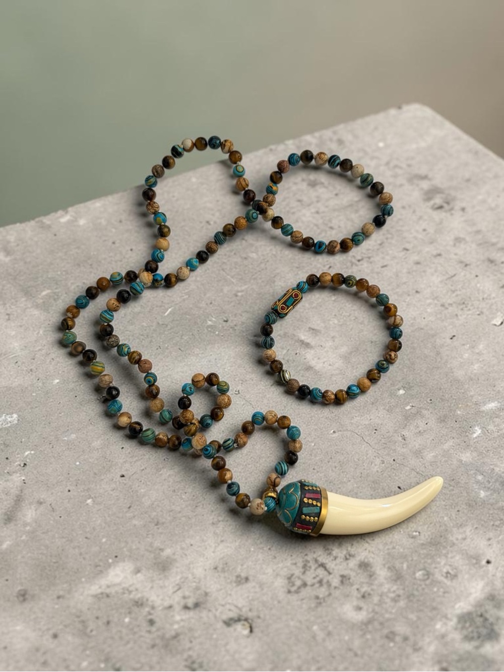 🫶🏻 Natural Stone Beaded Turquoise and Brown Bohemian Necklace Set